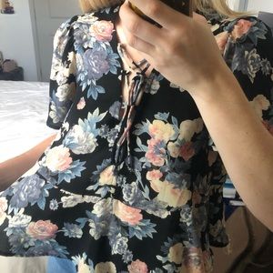 Kimchi Blue Floral Lace Up Babydoll Blouse